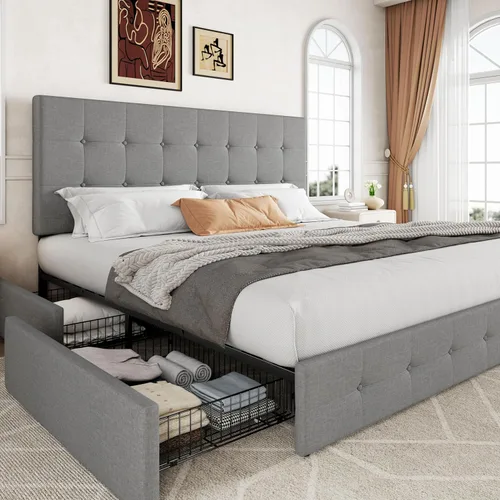 Miniatura 29 de Allewie - Base de cama tapizada de tamaño Full con plataforma, con 4 cajones de almacenamiento y cabecero, diseño cosido en cuadrados con botones