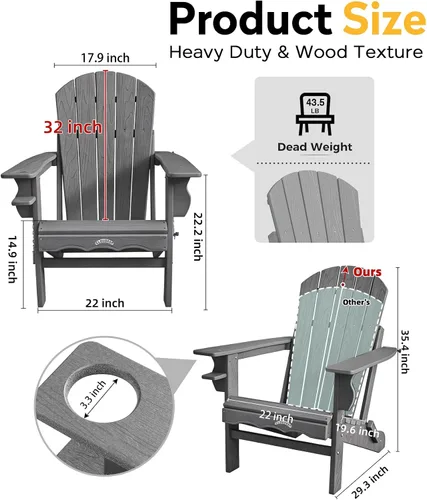 Miniatura 2 de Sillas para fogata, sillas Adirondack plegables de HDPE resistentes a la intemperie, silla Adirondack plegable de composite para patio con Gris