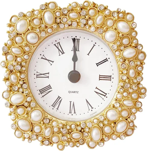 Silent Mini Reloj de Mesa Analógico Vintage con Cuerpo de Metal con Perlas Sintéticas y Núcleo Sin Tictac Operado por Batería para Estante,