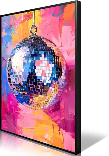Miniatura 14 de Arte de Pared en Lienzo de Bola de Discoteca Rosa Suave de Moda, Póster con Textura de Bola de Espejo Plateada Funky para Chica, Impresión
