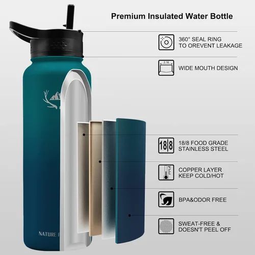 Miniatura 3 de NATURE PIONEOR Botellas de agua aisladas con mango de paracord - Botella de agua deportiva al vacío de boca ancha de 32 onzas con 3 tapas, acero