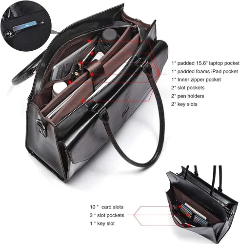 Miniatura 4 de CLUCI Maletín de negocios de cuero de 15.6 pulgadas para mujeres con 2 compartimentos con cremallera bolsa para portátil Oil Wax Leather, Cera