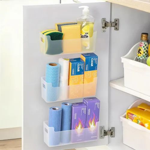 Miniatura 10 de 2 piezas Organizador para puerta de gabinete de cocina, almacenamiento adhesivo en la puerta interior del gabinete, estante de almacenamiento debajo