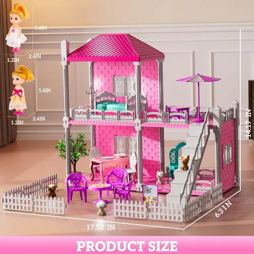 Miniatura 6 de JUKUDAHU Juego de villa para niñas de 3 a 7 años, juego de interior para niñas con 2 pisos, 3 habitaciones, 2 muñecas para edades de 6 a 8 años