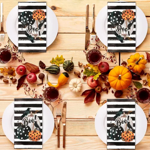 Miniatura 7 de Servilleta de papel de 3 capas desechable para invitados de Halloween, toalla de mano con rayas de calabaza y cuervo, servilletas de cena