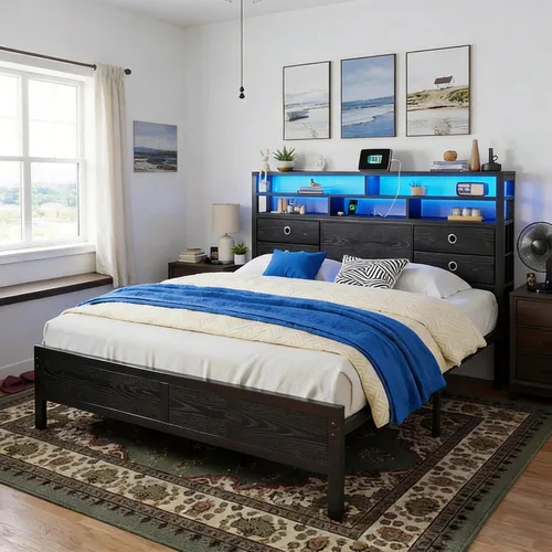 Miniatura 8 de Homkdom Base de cama de tamaño matrimonial con cabecera de almacenamiento de 3 niveles y 4 cajones, marco de cama matrimonial con luces LED