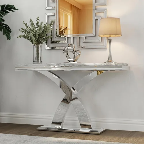 Miniatura 11 de AUZ Mesa consola dorada, mesa rectangular de 50 pulgadas, mesa de entrada de lujo con base en X de metal pulido para sala de estar, pasillo, Negro