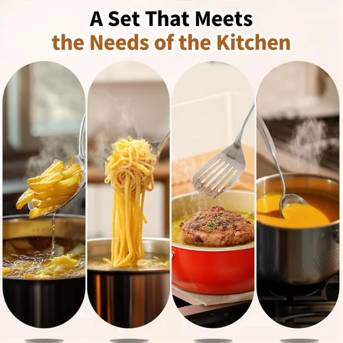 Miniatura 7 de Newness - Juego de 4 utensilios de cocina de acero inoxidable 304, accesorios de cocina de metal, incluye cucharón de sopa, cuchara espumadera