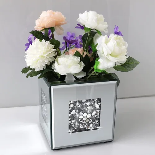 Miniatura 4 de Jarrón Espejado de Diamante Triturado 6x6x6 pulgadas de Cristal Plateado, Jarrón Decorativo Impresionante de Vidrio para Flores, Lujoso