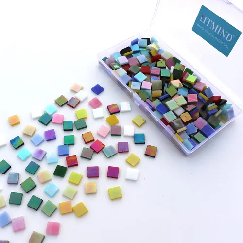 LITMIND Mosaico cuadrado de vidrio iridiscente para manualidades, piezas precortadas de 0.4 x 0.4 pulgadas, piezas de vidrieras de colores mixtos,