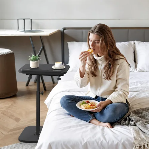 Miniatura 6 de Mesa de bandeja de TV, bandeja para reposabrazos lateral de sofá, altura ajustable, abatible, mesa auxiliar de aperitivos con giro de 360° e Negro