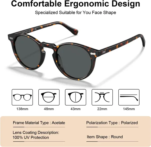 Miniatura 46 de CARFIA Gafas de sol polarizadas de acetato redondo para mujer, protección UV de cara pequeña con funda de cuero CA5288