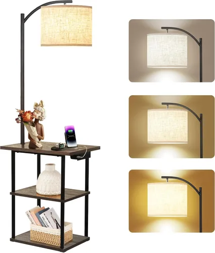 Miniatura 7 de PESRAE Lámpara de pie con mesa, lámparas para mesita de noche con estación de carga (USB y tipo C y puerto de CA), bombilla LED de 3 temperaturas