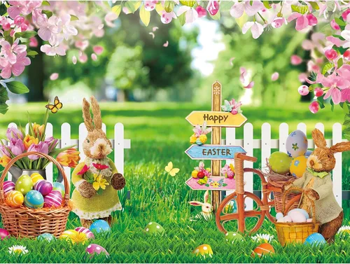 Miniatura 8 de FuWeave Telón de fondo de fotografía de Pascua de primavera de 8 x 6 pies, fondos de Pascua, huevos coloridos, flores, conejo, fondo de fotografía
