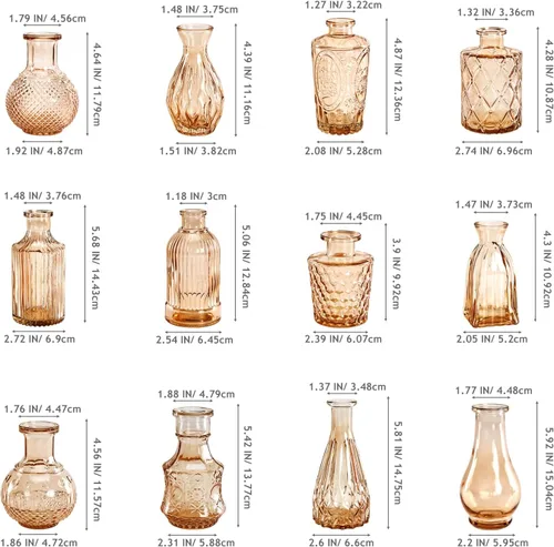 Miniatura 7 de Juego de 12 jarrones de vidrio ámbar, jarrones de capullo transparentes a granel, mini jarrones para flores, pequeños jarrones de flores