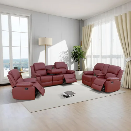 Juego de sofá reclinable manual, muebles de cuero regenerado para sala de estar, sofás reclinables de cuero con portavasos, consola de