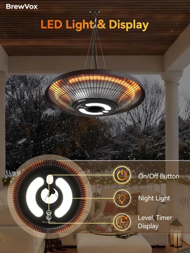 Miniatura 4 de Calentador colgante de patio exterior de carbono infrarrojo de 1500 W con luz nocturna LED, calidez instantánea, control remoto inteligente