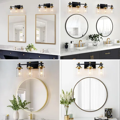 Miniatura 7 de Accesorios de Luz de Baño de 3 Luces, Accesorio de Luz de Tocador Negro y Dorado Cepillado Sobre Espejo, Apliques de Pared Modernos Iluminación