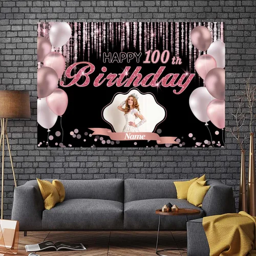 Miniatura 7 de Cartel de decoración de feliz cumpleaños número 100 de oro rosa, tamaño grande, personalización con nombre y foto compatible