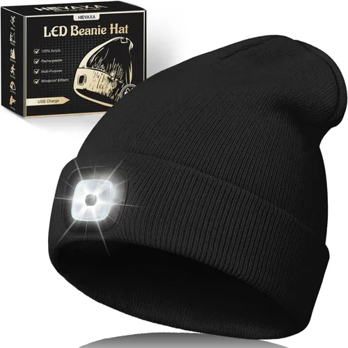 Miniatura 10 de HEYAXA Gorro LED unisex con luz, gorro con linterna frontal recargable, rellenos para calcetines, regalos de Navidad para hombres, gorro tejido