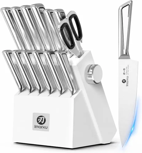 Miniatura 12 de imarku Juego de 14 cuchillos con bloque, juego de cuchillos de cocina de acero inoxidable japonés con afilador integrado, asas ergonómicas
