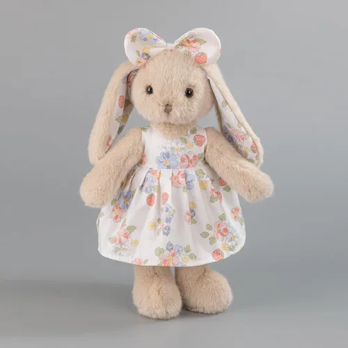 Miniatura 3 de Conejito de peluche de 14 pulgadas, conejo beige con vestido floral de fresa y lazo, regalo de conejo de Pascua suave para niñas, decoración