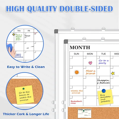 Miniatura 3 de Pizarra Blanca de Calendario Mensual de Borrado en Seco Combinada con Tablero de Corcho para Pared, 24" x 18" Calendario de Pizarra Blanca de Doble
