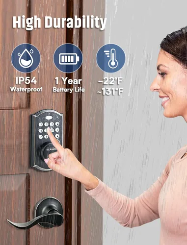 Miniatura 9 de ELAMOR M19 - Cerradura de puerta de entrada sin llave con 2 manijas de palanca, bloqueo automático, 50 códigos de usuario