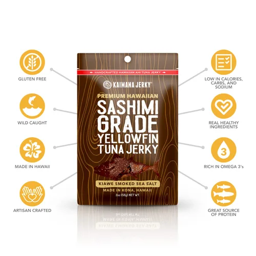 Miniatura 4 de Kaimana Ahi Atún Jerky Kiawe Sal marina ahumada – Suave y sabrosa – Cecina de pescado premium fabricada en los Estados Unidos Alta en Omega 3, 3 PCK