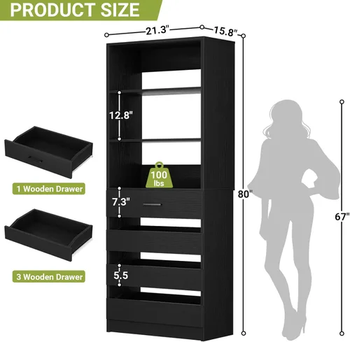 Miniatura 2 de Aheaplus Sistema de armario de 54 cm con 4 cajones, organizador de armario de madera con estantes abiertos, sistema de cajones modular en torre