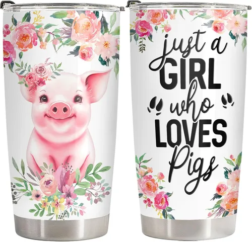 34HD Cute Pig - Vaso de 20 onzas con tapa, diseño de cerdo, de acero inoxidable, aislado al vacío, taza de café de viaje, regalo de cumpleaños de