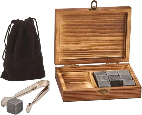 Creative Gifts International Juego de piedras de whisky y pinzas en caja de recuerdos, bolsa para el polvo incluida para un almacenamiento seguro, 9