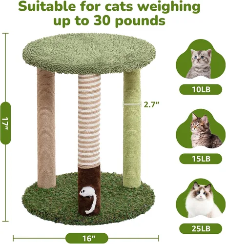 Miniatura 4 de WOOCHPET Torre de árbol para gatos con 3 postes rascadores de 17 pulgadas de alto, postes rascadores de sisal para gatos con divertidos juguetes