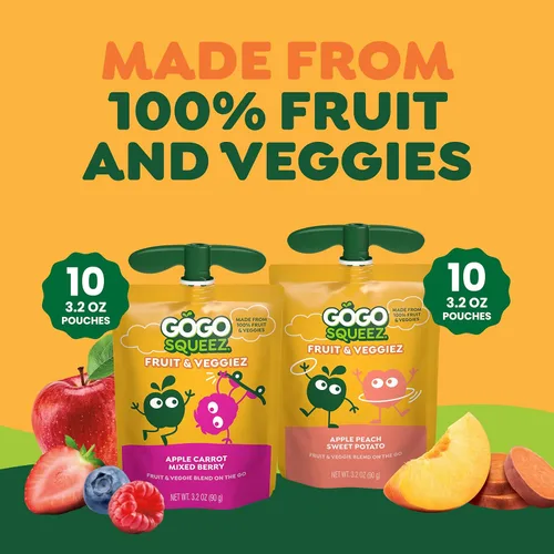 Miniatura 6 de GoGo squeeZ Fruit & veggieZ Paquete variado de puré de manzana y verduras, Pedal Peach y Boulder Berry, 3.2 onzas (paquete de 20), aperitivos sin