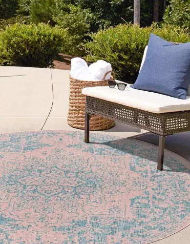 Miniatura 3 de Unique Loom Jill Zarin Jill Zarin Outdoor Collection - Alfombra Dubái (3 pies 3 pulgadas, redonda, rosa y aguamarina/azul claro)