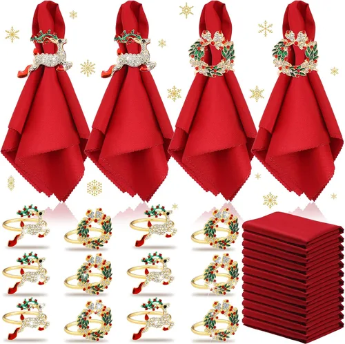 Sliner Juego de 24 servilletas y anillos de Navidad, 12 servilletas de Navidad lavables de color rojo y 12 servilleteros de Navidad para cenas