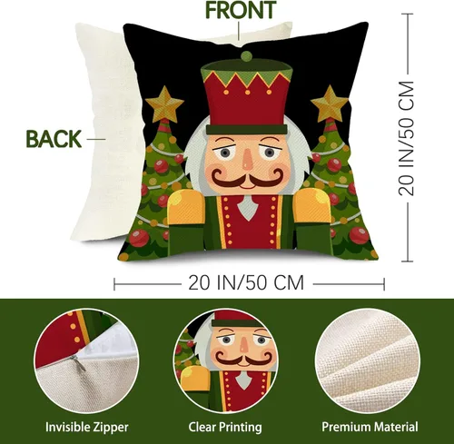 Miniatura 2 de Juego de 4 fundas de almohada decorativas con diseño de cascanueces navideñas, 20 x 20 pulgadas, árbol de Navidad, soldado de madera de dibujos