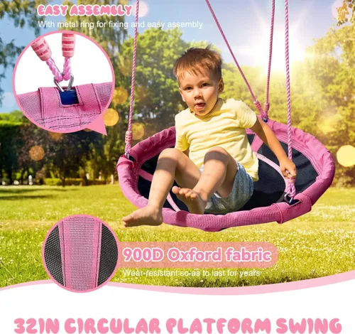 Miniatura 6 de JYGOPLA Juego de columpios para niños de 2 asientos con capacidad de 440lbs para el patio trasero, 1 columpio de árbol de platillo de 32 pulgadas, 1