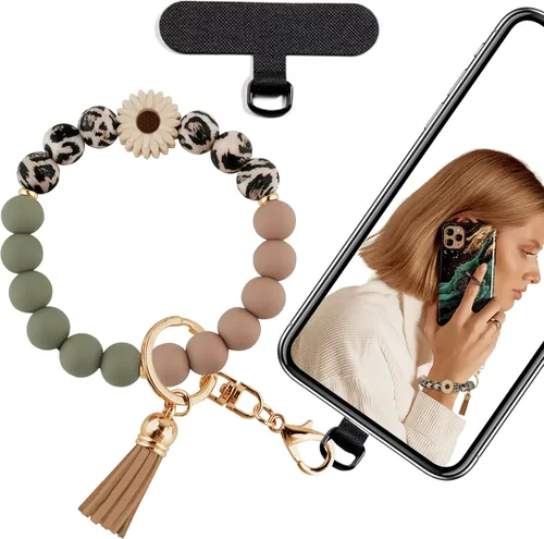 Miniatura 16 de Correa de muñeca de teléfono con cuentas de silicona, pulsera para teléfono con lengüeta de sujeción, pulsera manos libres para iPhone (negro)