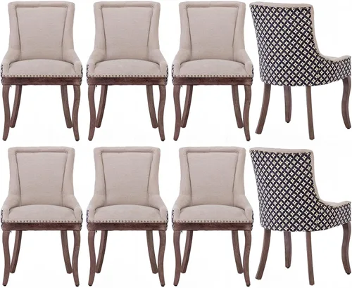 Miniatura 46 de Sillas de Comedor - Juego de 6 sillas de comedor modernas, tapizadas de tela con respaldo alto con ribete de cabeza de clavo y patas curvas