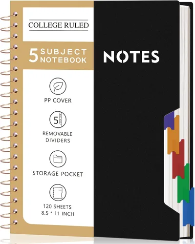 Miniatura 13 de CAGIE Cuadernos de espiral para trabajo escolar con pestañas divisorias extraíbles, cuaderno de 5 materias de 8.5 x 11 pulgadas, a rayas