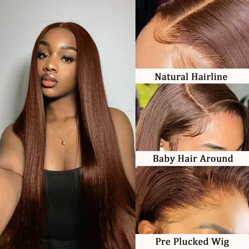 Miniatura 3 de SOPSFR Pelucas de cabello humano con encaje frontal de 13 x 6, densidad 200, pelucas de cabello humano lacio marrón chocolate con bebé alrededor
