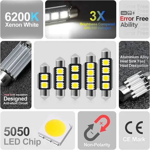 Miniatura 7 de Kit de 7 bombillas LED blancas para interiores Nissan Frontier 2005-2021, superbrillantes, 6000 K, interior LED, mapa, domo, carga, matrícula
