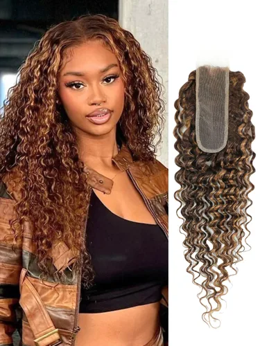 Miniatura 33 de P4/27 Cabello Humano Solitario de Onda Profunda con Reflejos Rubios Miel, 12A 100% Tejido Brasileño Virgen Ondulado Grueso con Mechas Ombre Marrón