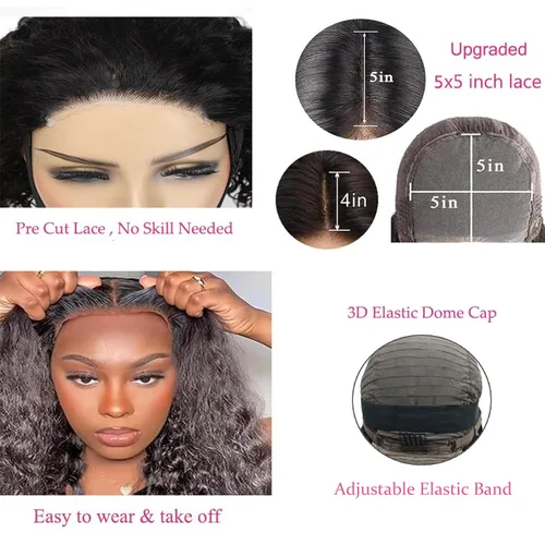 Miniatura 3 de Pelucas de cabello humano rizado con ondas profundas de 5 x 5 HD, sin pegamento, precortadas, con encaje frontal, para mujeres negras, color negro