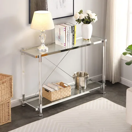 Miniatura 4 de Moderna mesa consola de cristal plateado, mesa de sofá estrecha para entrada con estantes de almacenamiento de 2 niveles para pasillo, espacio