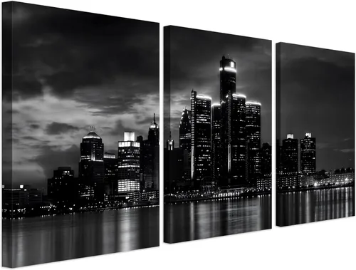 Miniatura 27 de NAN Wind Detroit Skyline - Lienzo decorativo para pared, paisaje urbano, escena nocturna, impresión artística de ciudad en blanco y negro sobre