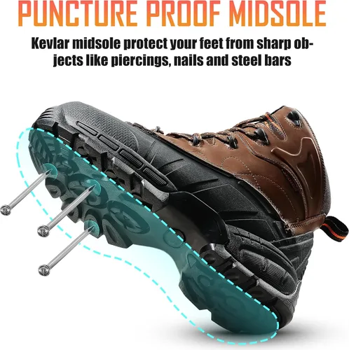 Miniatura 3 de Botas de Trabajo Impermeables con Puntera Compuesta Zapatos Antideslizantes de Cuero Botas de Construcción a Prueba de Perforaciones Zapatos