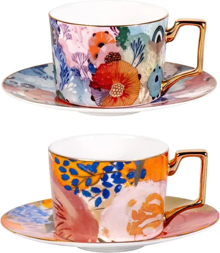 Miniatura 26 de KAMMAK Juego de 2 tazas de té y platillos, tazas de café de porcelana fina, tazas de café expreso apilables, demitasse de cerámica para café