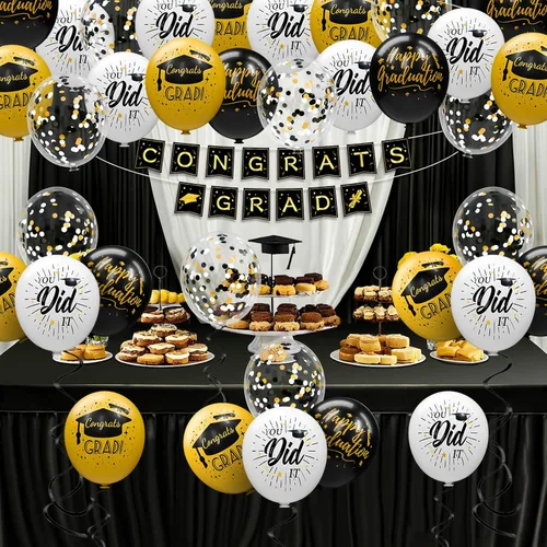 Miniatura 7 de Paquete de 78 globos de graduación 2026, decoraciones de graduación, globos de graduación de 12 pulgadas de oro negro con cintas para decoraciones
